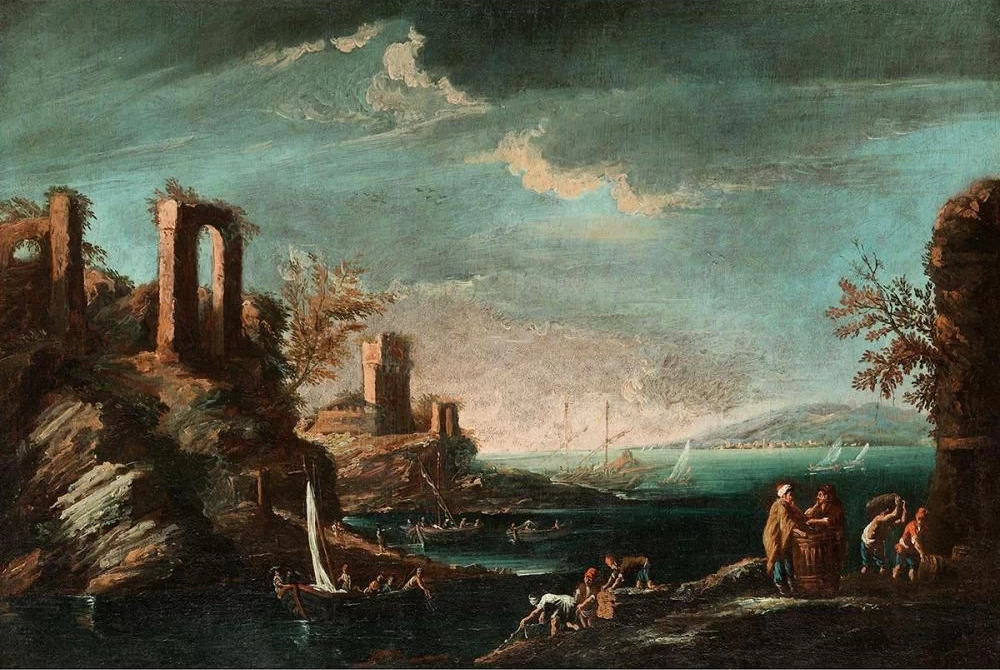 Paesaggio portuale con rovine e ricche figure